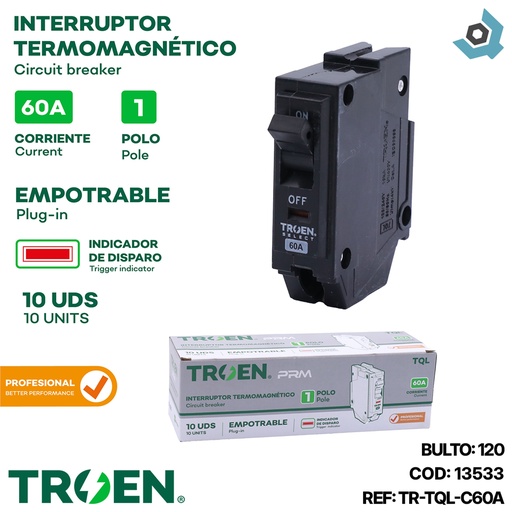 [13533] BREAKER TERMOMAGNETICO 60A 1P EMPOTRAR TQL TROEN