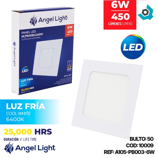 [10009] LAMPARA LED PARA EMPOTRAR CUADRADA 6W 4" LUZ FRIA ANGEL LIGHT