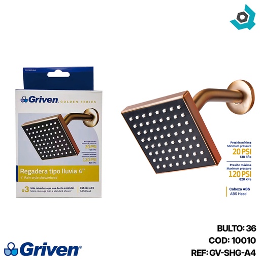 [10010] REGADERA PARA BANO 4" CUADRADA DORADA GRIVEN GOLDEN