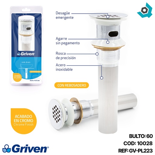 [10028] DESAGUE PARA LAVAMANOS 1 1/4" X 19CM METALICO GRIVEN