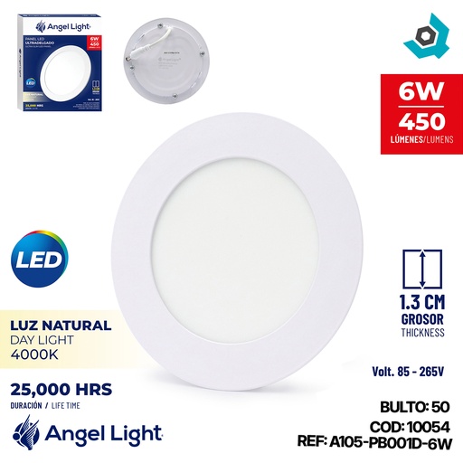 [10054] LAMPARA LED PARA EMPOTRAR REDONDA LUZ NATURAL 6W 4.7" ANGEL LIGHT