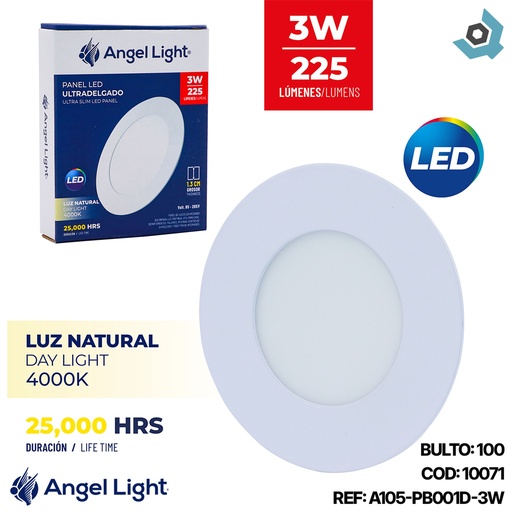 [10071] LAMPARA LED PARA EMPOTRAR REDONDA 3W 3.3" LUZ NATURAL ANGEL LIGHT