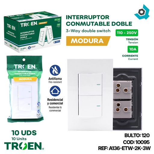 [10095] APAGADOR DOBLE 3 WAY BLANCO TROEN