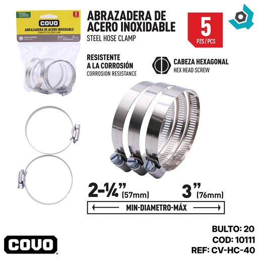 [10111] ABRAZADERAS 2 1/4" A 3" DE ACERO INOXIDABLE COVO