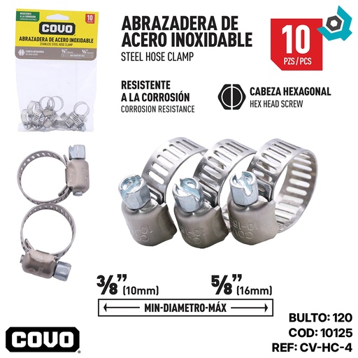 [10125] ABRAZADERAS 3/8" A 5/8" DE ACERO INXODABLE COVO