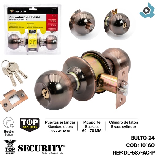 [10160] CERRADURA PARA DORMITORIO DE POMO BRONCE SECURITY