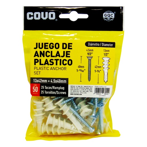 [10235] TORNILLOS CON RAMPLUG 4.5 X 40MM 50 PEIZAS COVO