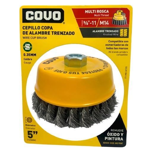 [10319] DISCO CEPILLO DE COPA DE ALAMBRE TRENSADO MULTIROSCA 5" X 5/8"-11 Y M14 COVO