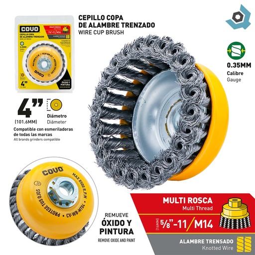[10320] DISCO CEPILLO DE COPA DE ALAMBRE TRENSADO MULTIROSCA 4" X 5/8"-11 Y M14 COVO