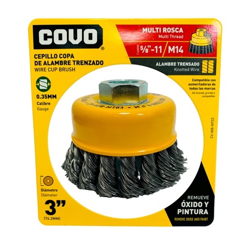 [10321] DISCO CEPILLO DE COPA DE ALAMBRE TRENSADO MULTIROSCA 3" X 5/8"-11 Y M14 COVO