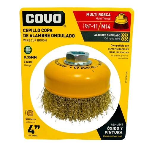 [10329] DISCO CEPILLO DE COPA DE ALAMBRE ONDULADO MULTIROSCA 4" X 5/8"-11 Y M14 COVO