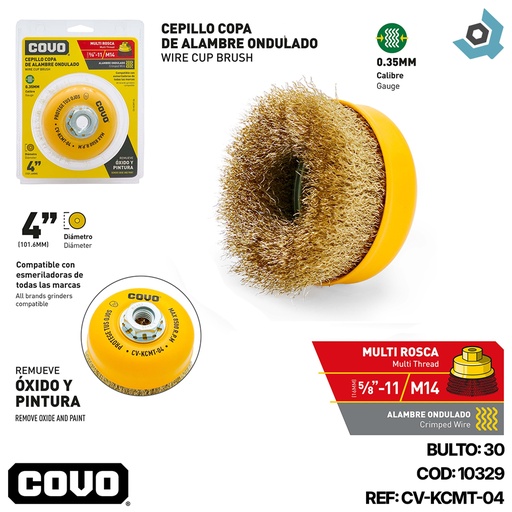 [10329] DISCO CEPILLO DE COPA DE ALAMBRE ONDULADO MULTIROSCA 4" X 5/8"-11 Y M14 COVO
