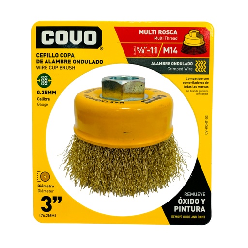 [10330] DISCO CEPILLO DE COPA DE ALAMBRE ONDULADO MULTIROSCA 3" X 5/8"-11 Y M14 COVO