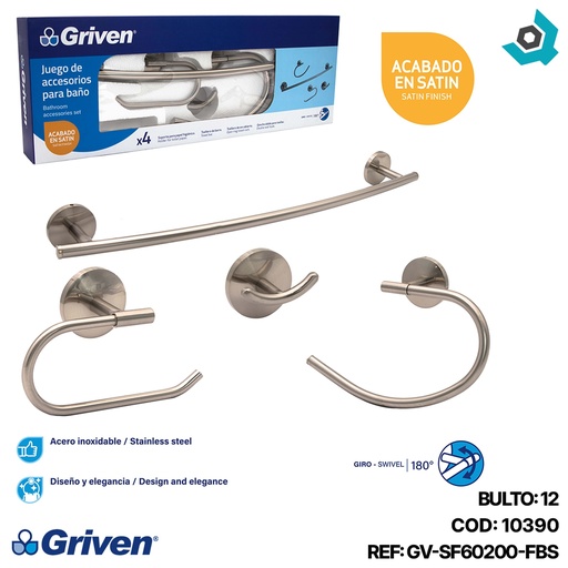 [10390] JUEGO DE ACCESORIOS 4 PIEZAS SATINADO GRIVEN