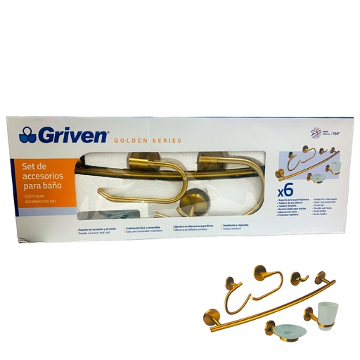 [10391] JUEGO DE ACCESORIOS DE BANO 6 PIEZAS DORADO GRIVEN GOLDEN