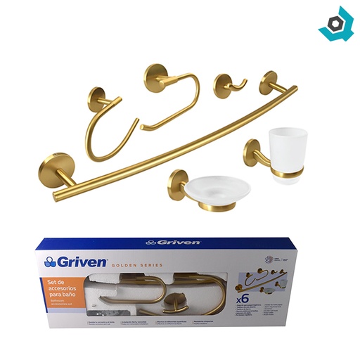[10391] JUEGO DE ACCESORIOS DE BANO 6 PIEZAS DORADO GRIVEN GOLDEN