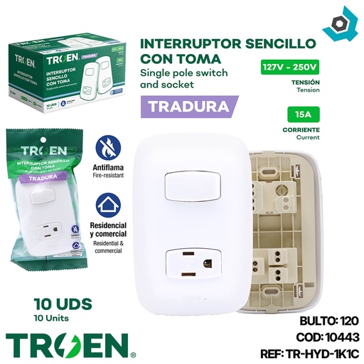 [10443] APAGADOR ESTANDAR SENCILLO Y TOMA BLANCO TROEN