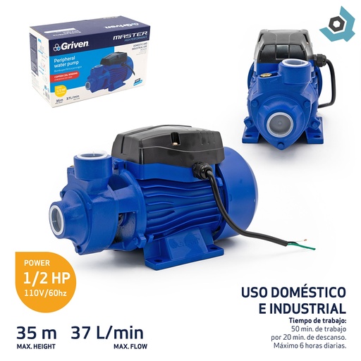 [10627] BOMBA DE AGUA PERIFERICA DE 1/2 HP GRIVEN MASTER