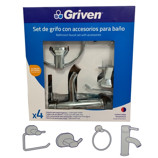 [10630] SET DE GRIFERIA CON ACCESORIOS PARA BANO X4 PZAS CROMADO GRIVEN