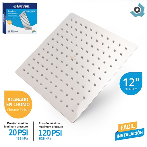 [10632] REGADERA PARA DUCHA TIPO LLUVIA CUADRADA 12" CROMADA GRIVEN