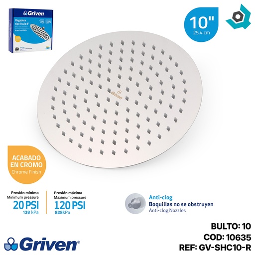 [10635] REGADERA PARA DUCHA TIPO LLUVIA REDONDA 10" CROMADA GRIVEN