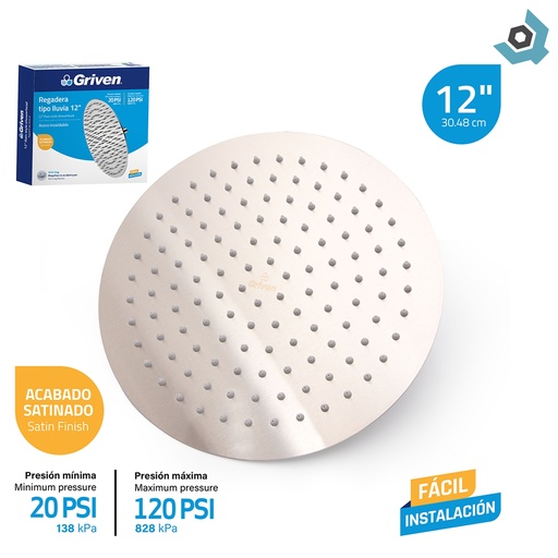 [10639] REGADERA PARA DUCHA TIPO LLUVIA REDONDA 12" SATINADA GRIVEN