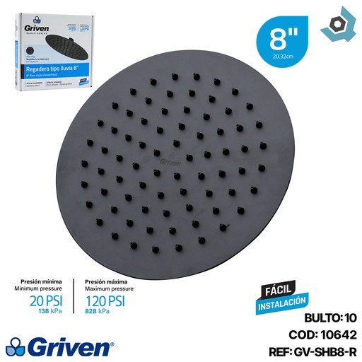 [10642] REGADERA PARA DUCHA TIPO LLUVIA REDONDA 8" GRIVEN BLACK