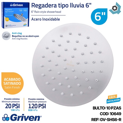 [10649] REGADERA PARA DUCHA TIPO LLUVIA REDONDA 6" SATINADA GRIVEN