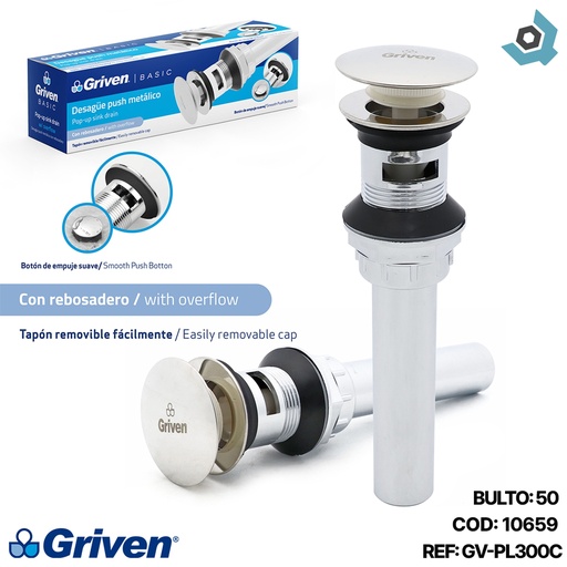 [10659] DESAGUE PUSH PLASTICO CROMADO CON REBOSADERO GRIVEN BASIC