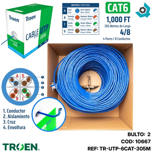 [10667] BOBINA DE CABLE DE RED UTP CAT6 305 METROS TROEN