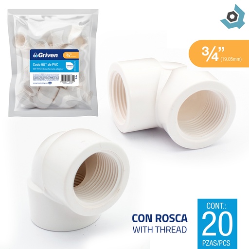 [10668] TEE SENCILLA DE PVC 3/4" CON ROSCA BLANCO GRIVEN