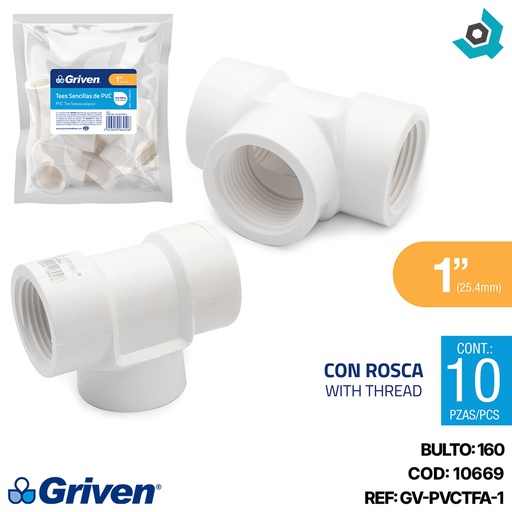 [10669] TEE SENCILLA DE PVC 1" CON ROSCA BLANCO GRIVEN