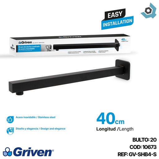 [10673] BRAZO DE DUCHA CUADRADO 40CM GRIVEN BLACK
