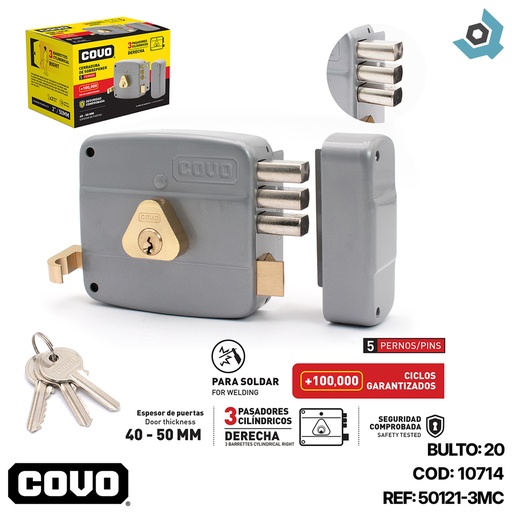 [10714] CERRADURA DE SOBREPONER DERECHA 3 PASADORES CILINDRICOS COVO