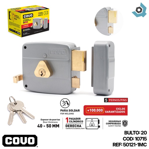 [10715] CERRADURA DE SOBREPONER DERECHO 1 PASADOR CILINDRICO COVO