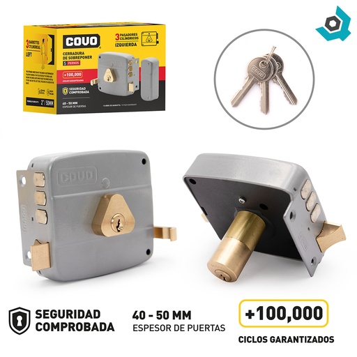 [10716] CERRADURA DE SOBREPONER IZQUIERDA 3 PASADORES CILINDRICOS COVO