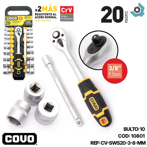 [10801] JUEGO DE DADOS CON RACHET 3/8" 20 PZA COVO