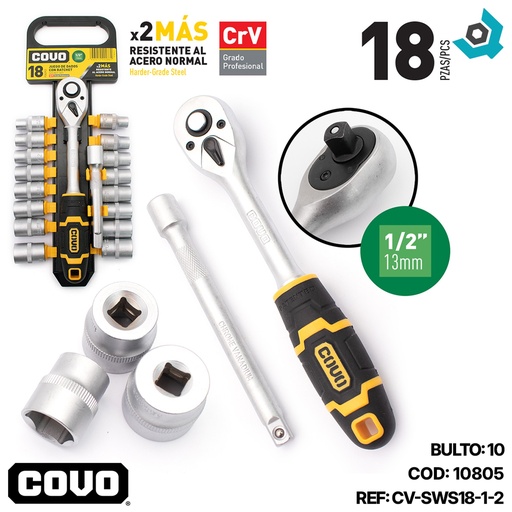 [10805] JUEGO DE DADOS CON RACHET 1/2" 18 PZA COVO