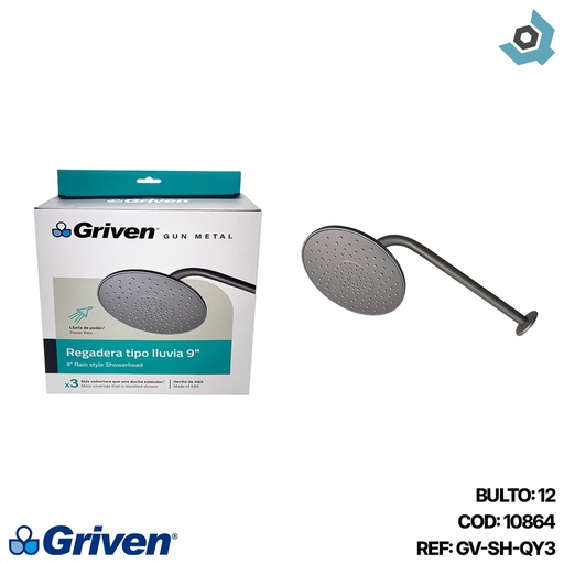 [10864] REGADERA PARA DUCHA TIPO LLUVIA REDONDA 9" GRIS METALICO GRIVEN GUN METAL
