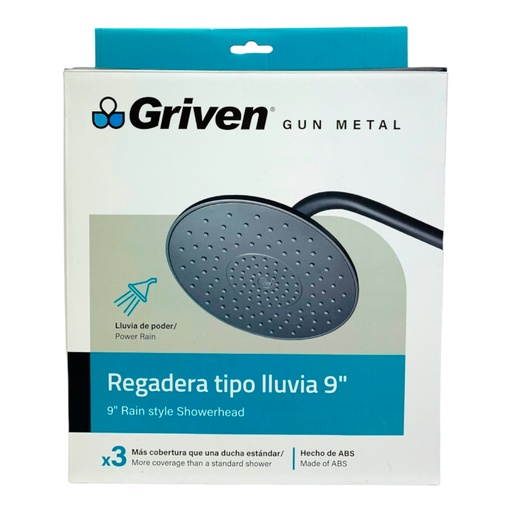 [10864] REGADERA PARA DUCHA TIPO LLUVIA REDONDA 9" GRIS METALICO GRIVEN GUN METAL