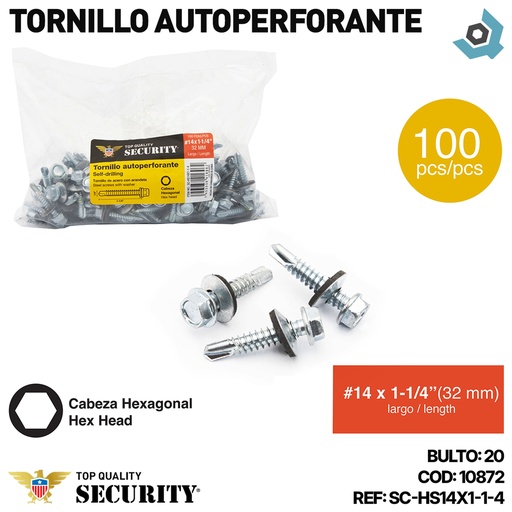 [10872] TORNILLO AUTOPERFORANTE #14 X 1 1/4" 100PZAS SECURITY