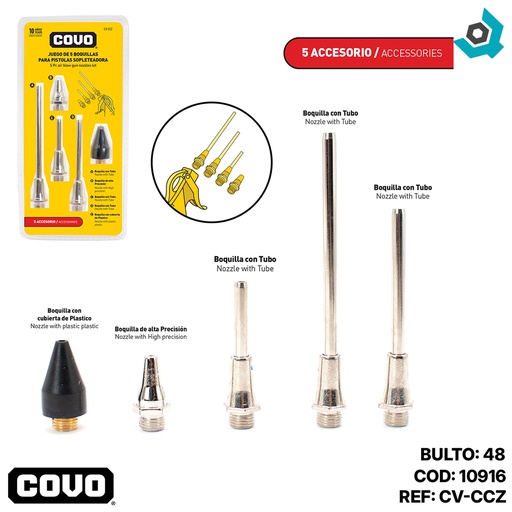 [10916] JUEGO DE 5 BOQUILLAS PARA PISTOLAS SOPLADORA COVO
