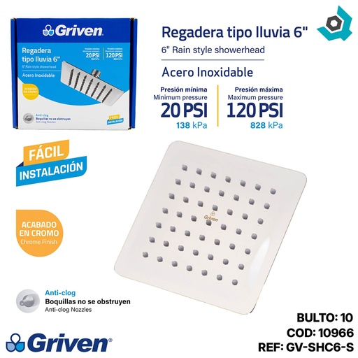 [10966] REGADERA PARA DUCHA TIPO LLUVIA CUADRADA 6" CROMADA GRIVEN