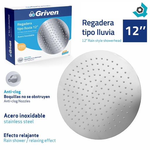 [10968] REGADERA PARA DUCHA TIPO LLUVIA REDONDA 12" CROMADA GRIVEN