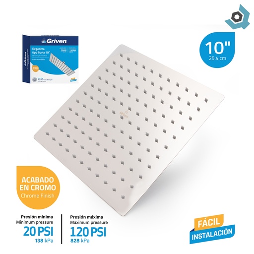 [10976] REGADERA PARA DUCHA TIPO LLUVIA CUADRADA 10" CROMADA GRIVEN