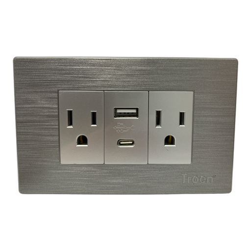 [10996] TOMACORRIENTE DOBLE CON UN USB Y UN TIPO C PLATEADO TROEN