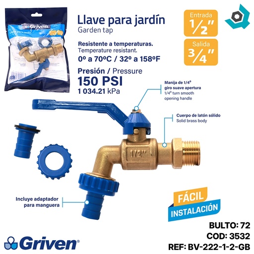 [3532] LLAVE DE CHORRO 1/2" DE BRONCE CON PICO GRIVEN