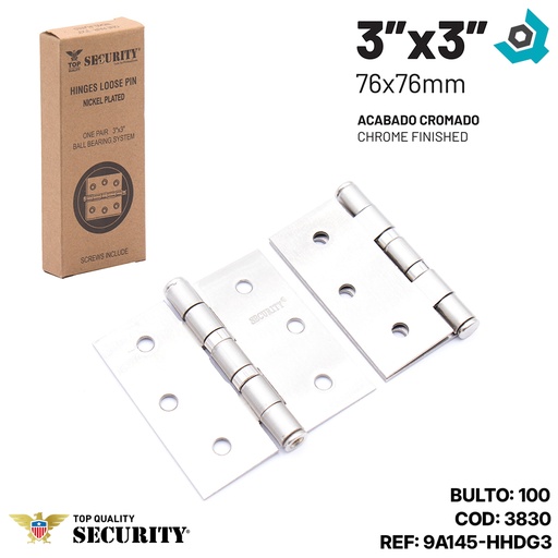 [3830] BISAGRA CROMADA 3" X 3" CON ROLINERA SECURITY