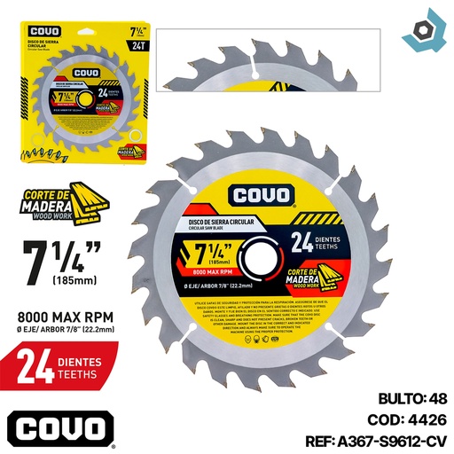 [4426] DISCO DE SIERRA 7 1/4" PARA MADERA COVO