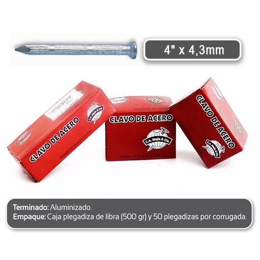 [4957] CLAVO ACERO VERTICAL 4" X 4,3MM MEJIA (12C X 250U)